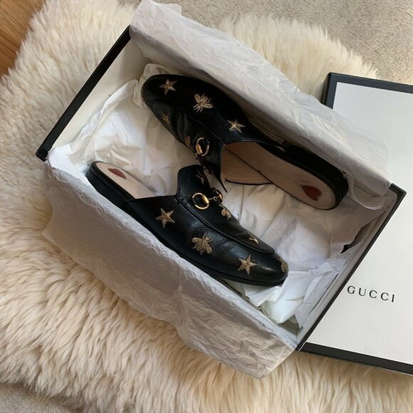 GUCCI Princetown Bee Star Embroidered Gold Mules Rare Designer Blogger Favorite - Picture 2 of 12